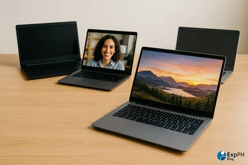 Realistic photo of multiple budget laptops on a wooden desk for online work in 2026 with ExpPH Blog logo.