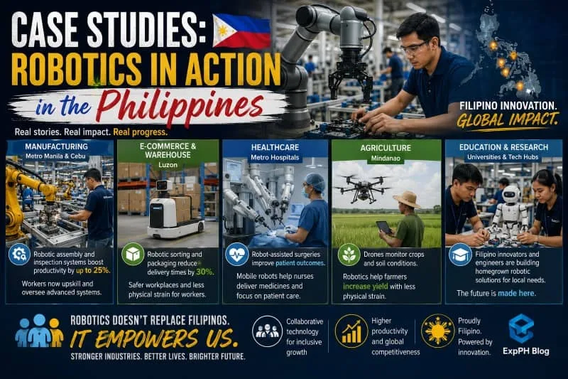 Filipino engineers, healthcare workers, warehouse staff, and farmers using robotics and automation technologies across industries in the Philippines.