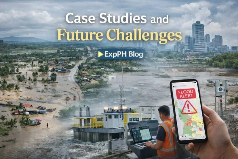 Flooded Filipino community with smart flood control systems, monitoring station, and mobile flood alert technology