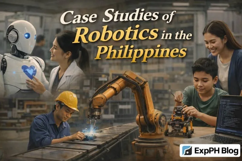 Filipino professionals using robots in healthcare, manufacturing, and education showing real case studies of robotics in the Philippines with ExpPH Blog logo