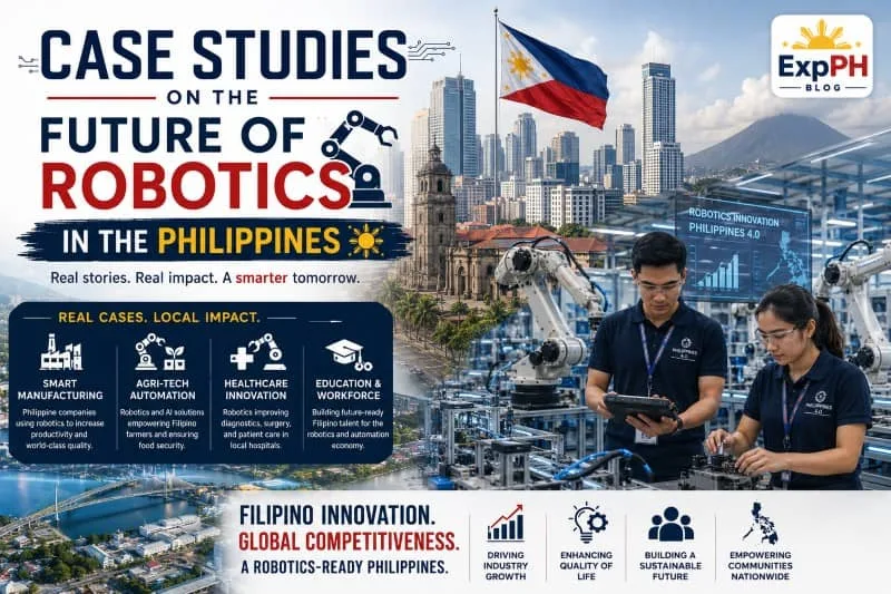 Realistic image showing Filipino robotics professionals, automated factories, robotic arms, smart manufacturing systems, and the ExpPH Blog logo representing robotics innovation in the Philippines.