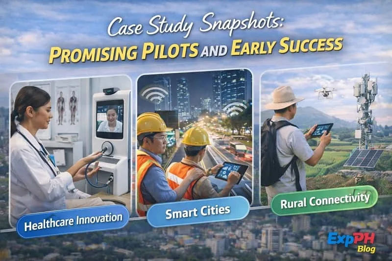 Realistic collage showing Filipino healthcare workers using telemedicine, engineers managing smart city systems, and a farmer using digital tools near a 5G tower, with mixed-font typography and the smaller ExpPH Blog logo.