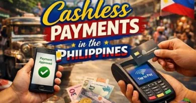 Filipino woman paying with a smartphone QR code at a local market in the Philippines with digital payment icons displayed and ExpPH Blog logo visible