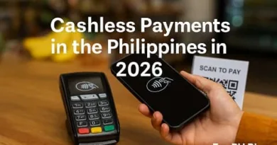 A realistic scene showing a person using a smartphone to make a cashless payment through contactless and QR code options in a Filipino retail setting.