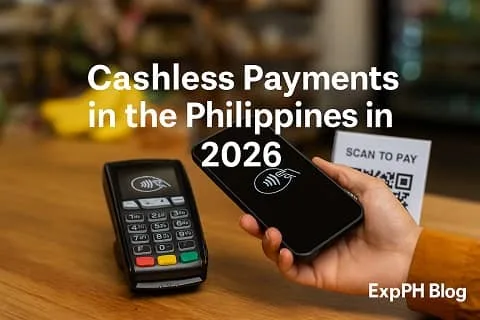 A realistic scene showing a person using a smartphone to make a cashless payment through contactless and QR code options in a Filipino retail setting.