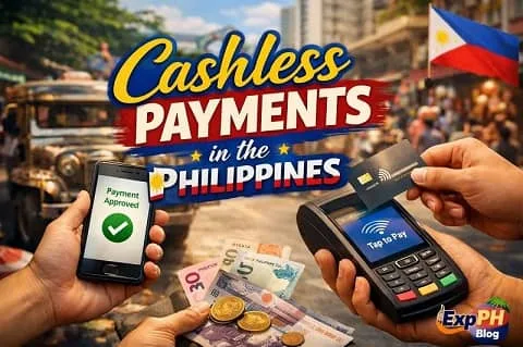 Filipino woman paying with a smartphone QR code at a local market in the Philippines with digital payment icons displayed and ExpPH Blog logo visible