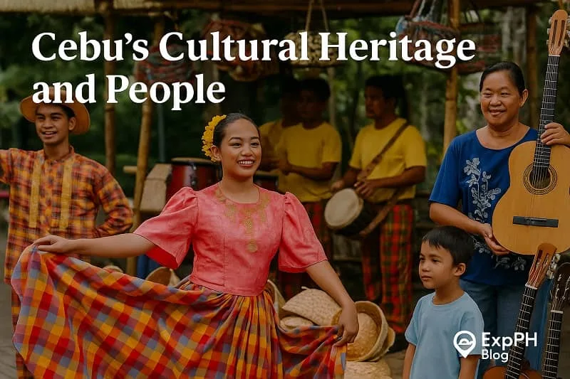 A realistic photo showing Cebu’s cultural heritage with dancers in traditional Filipino attire, musicians playing drums, and locals displaying handmade guitars in a festive outdoor setting. The text Cebu’s Cultural Heritage and People appears above and the ExpPH Blog logo is displayed in the lower right corner.
