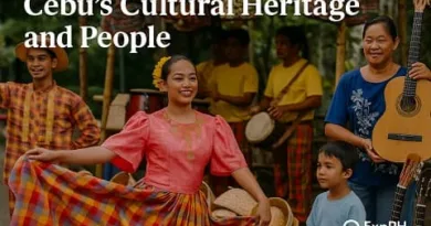 A realistic photo showing Cebu’s cultural heritage with dancers in traditional Filipino attire, musicians playing drums, and locals displaying handmade guitars in a festive outdoor setting. The text Cebu’s Cultural Heritage and People appears above and the ExpPH Blog logo is displayed in the lower right corner.