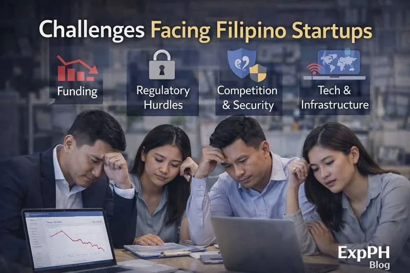 Filipino entrepreneurs discussing challenges facing Filipino startups including funding issues, regulations, competition, and technology infrastructure