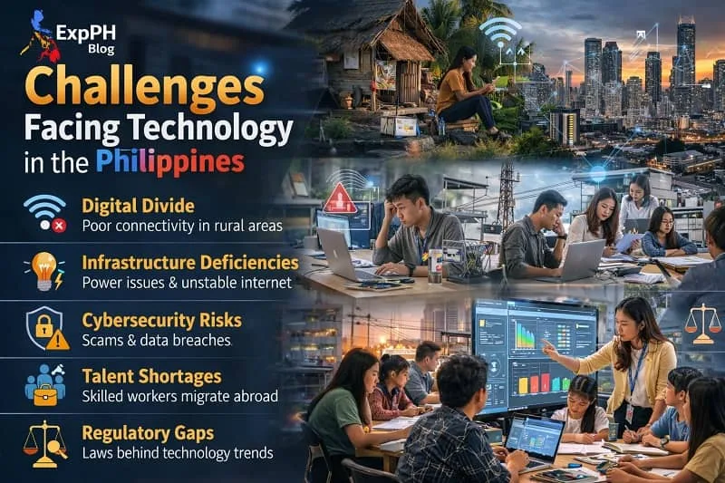 Filipino professionals and communities experiencing connectivity issues cybersecurity risks and infrastructure problems representing challenges facing technology in the Philippines