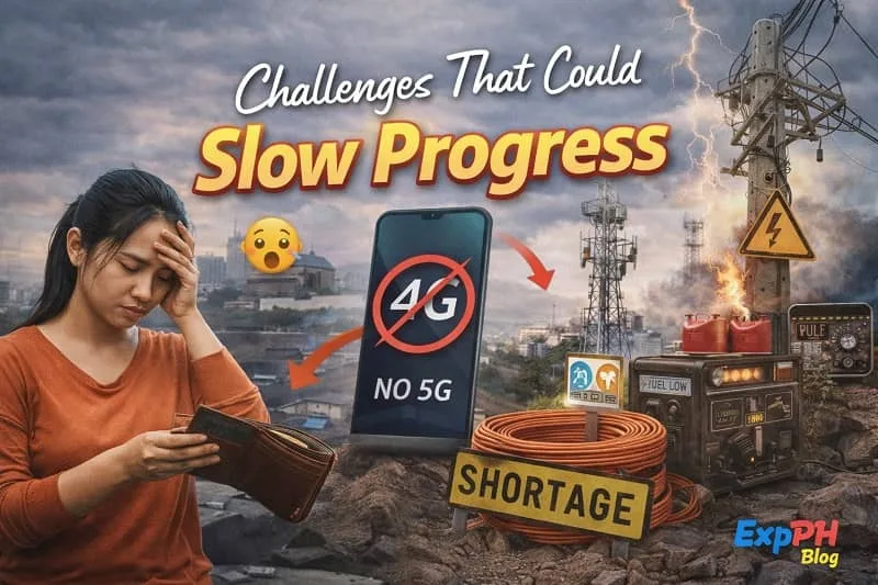 Realistic 5G tower in a provincial Philippine setting with power lines, limited infrastructure, and Filipino residents using mobile devices, featuring mixed-font typography text and the smaller ExpPH Blog logo.