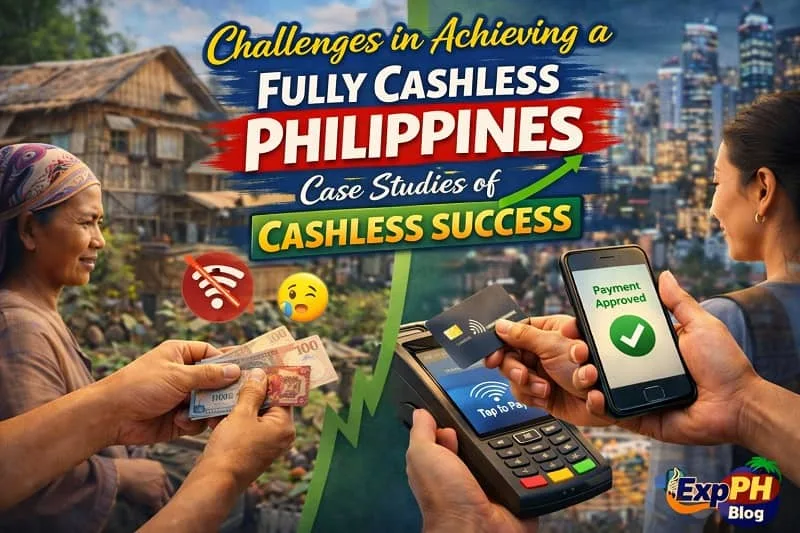 Split scene showing rural Filipino vendor using cash on one side and urban Filipino customer using contactless card and mobile payment on the other side with ExpPH Blog logo visible