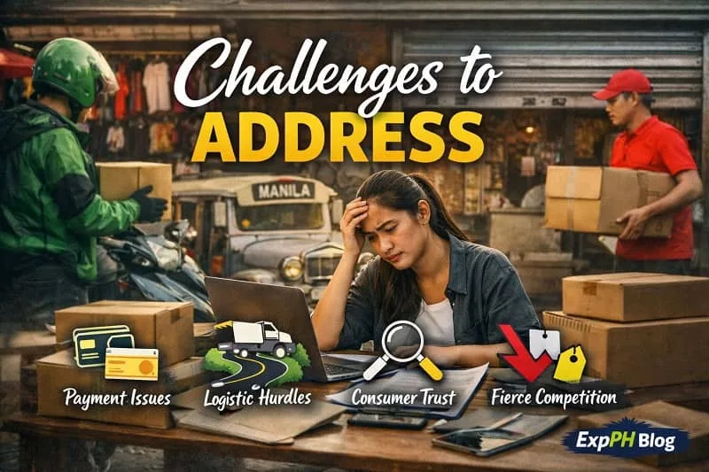 A Filipino online seller managing parcels while facing payment issues, logistics challenges, and competition, representing the key challenges to address in the Philippine e-commerce industry.