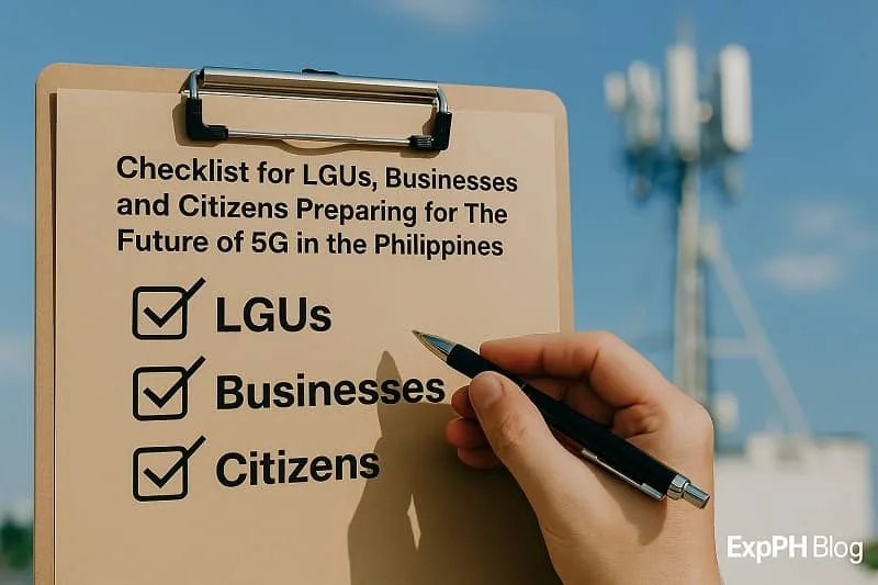 Checklist clipboard for LGUs, businesses, and citizens preparing for the future of 5G with telecom tower and ExpPH Blog logo