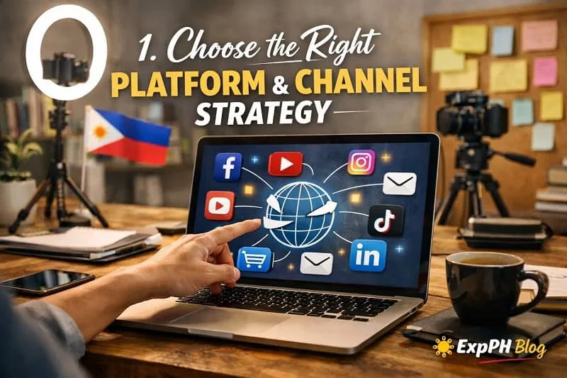 Filipino content creator choosing the right platform and channel strategy using a laptop with social media icons and Philippine flag in the background