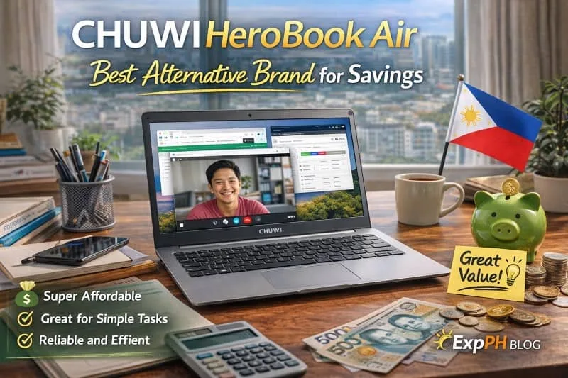 Chuwi HeroBook Air laptop on a simple Filipino workspace setup, affordable alternative laptop for online work