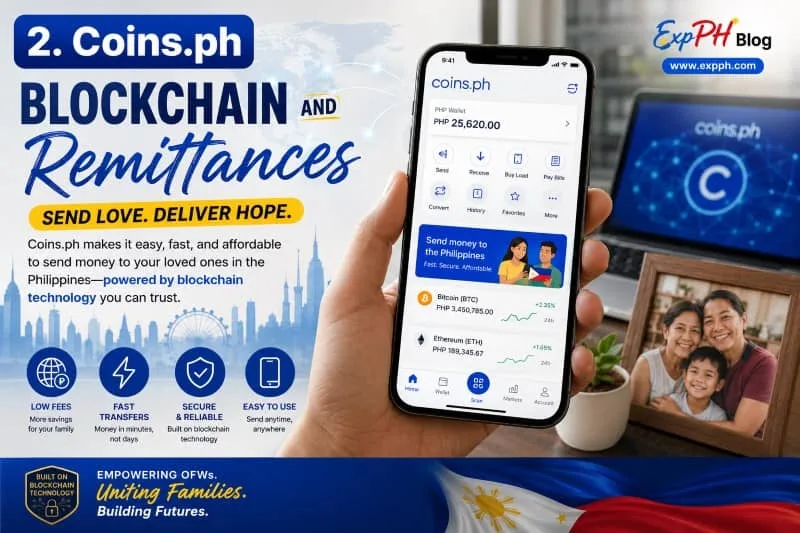 Realistic image of a Filipino using the Coins.ph mobile app for blockchain-powered remittances and digital financial transactions with ExpPH Blog logo.