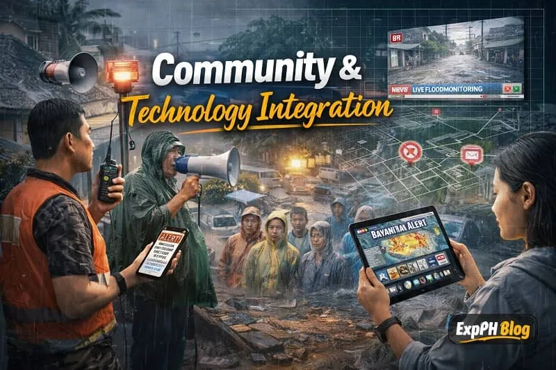 Filipino community members using mobile alerts, radios, and digital maps to coordinate flood response and evacuation during heavy rainfall in the Philippines