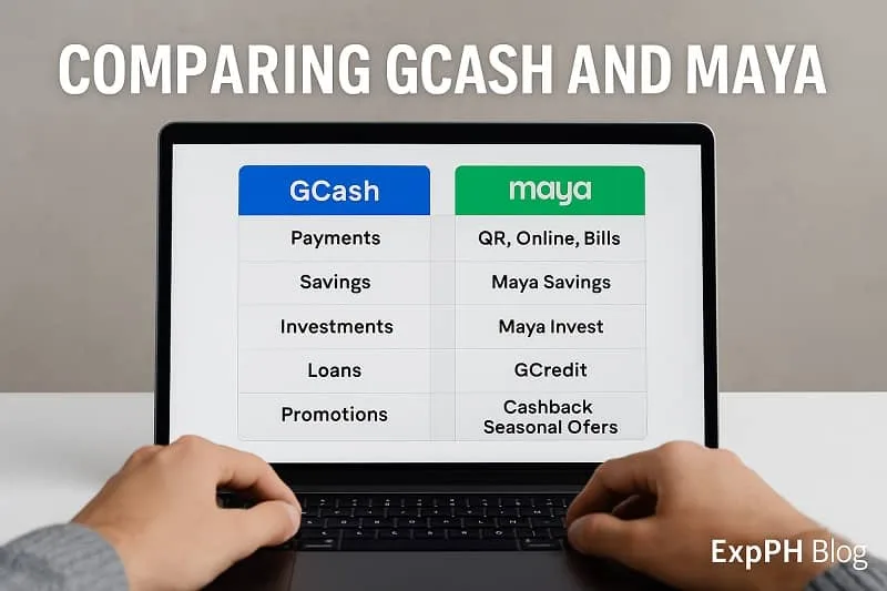 A laptop screen displaying a comparison chart between GCash and Maya, highlighting their features while hands rest on the keyboard.