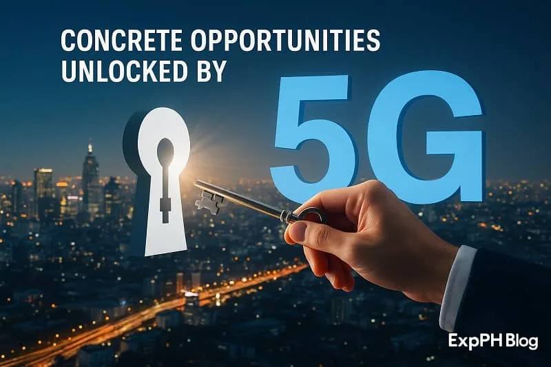 Hand unlocking a glowing keyhole representing new 5G opportunities with a city skyline and ExpPH Blog logo