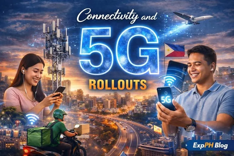 Filipinos using smartphones with 5G signal towers and a modern city skyline, representing connectivity and 5G rollouts in the Philippines.