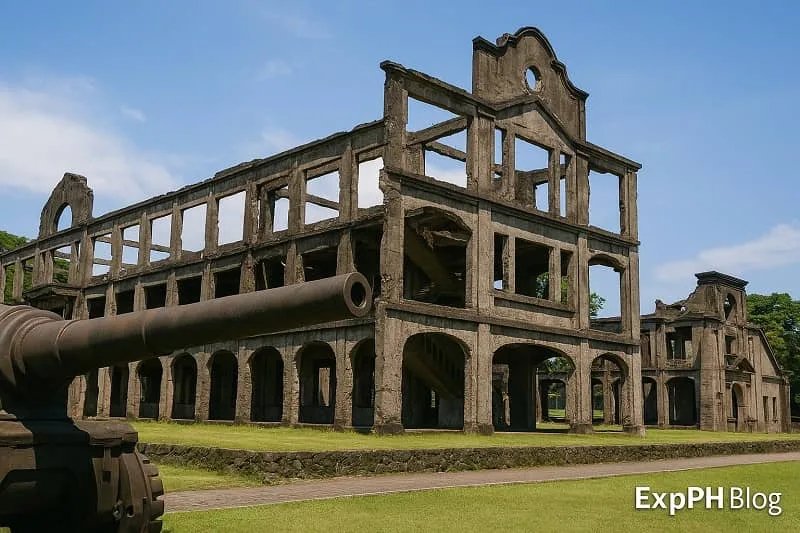Realistic view of Corregidor Island ruins with a weathered concrete building, old artillery gun, green grass, clear sky, and the ExpPH Blog logo at the bottom corner.