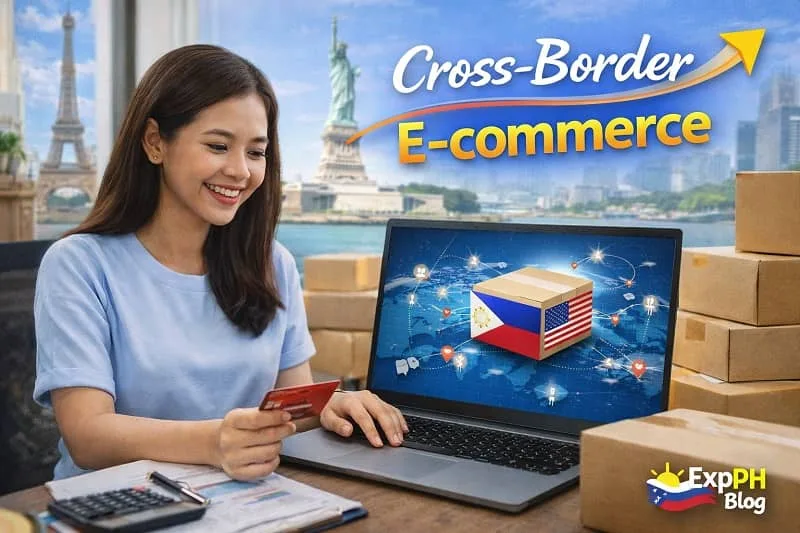 Filipino entrepreneur managing international online orders with global shipping and parcels
