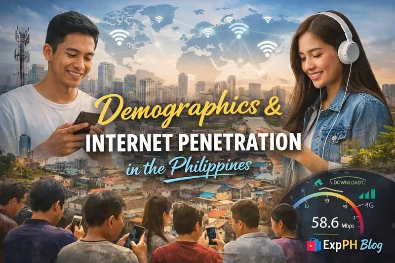 Filipino people using smartphones with city background showing internet connectivity and digital growth in the Philippines