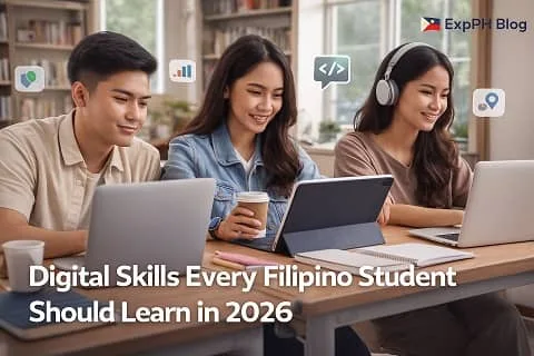 A group of Filipino students using laptops and tablets in a modern classroom, symbolizing essential digital skills needed for 2026, with the ExpPH Blog logo displayed.