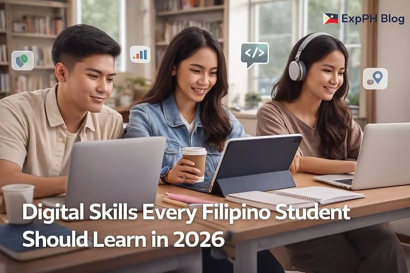 A group of Filipino students using laptops and tablets in a modern classroom, symbolizing essential digital skills needed for 2026, with the ExpPH Blog logo displayed.