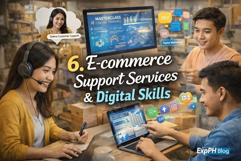 Filipino freelancers and online workers using laptops and smartphones for e-commerce support tasks like customer service, digital marketing, and online store management.