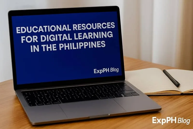 A realistic photo of a laptop displaying the text “Educational Resources for Digital Learning in the Philippines,” with a notebook and pen on a wooden table and the ExpPH Blog logo visible.