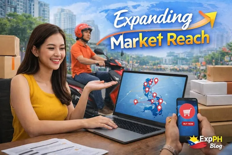 Filipino entrepreneur using laptop with Philippines map and delivery rider representing nationwide reach