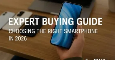 A realistic image of a person holding a modern smartphone with several devices and a laptop on a wooden table, featuring the ExpPH Blog logo and the title Expert Buying Guide Choosing the Right Smartphone in 2026.