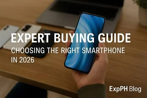 A realistic image of a person holding a modern smartphone with several devices and a laptop on a wooden table, featuring the ExpPH Blog logo and the title Expert Buying Guide Choosing the Right Smartphone in 2026.