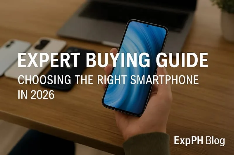 A realistic image of a person holding a modern smartphone with several devices and a laptop on a wooden table, featuring the ExpPH Blog logo and the title Expert Buying Guide Choosing the Right Smartphone in 2026.