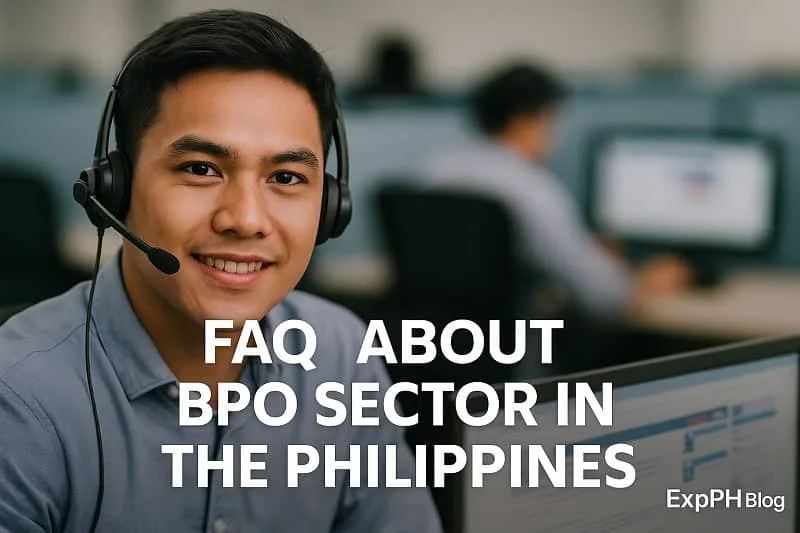 Realistic photo of a smiling Filipino call center agent wearing a headset in a BPO office, with FAQ text about the BPO sector in the Philippines and the ExpPH Blog logo in the corner.