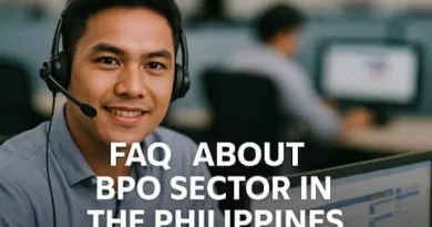 Realistic photo of a smiling Filipino call center agent wearing a headset in a BPO office, with FAQ text about the BPO sector in the Philippines and the ExpPH Blog logo in the corner.