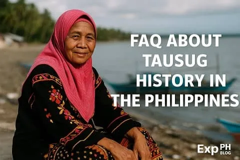 An elderly Tausug woman wearing a bright pink hijab and traditional embroidered clothing sits along a quiet coastal shore, with boats and palm trees in the background. The text reads FAQ About Tausug History in the Philippines, and the ExpPH Blog logo appears at the lower right.
