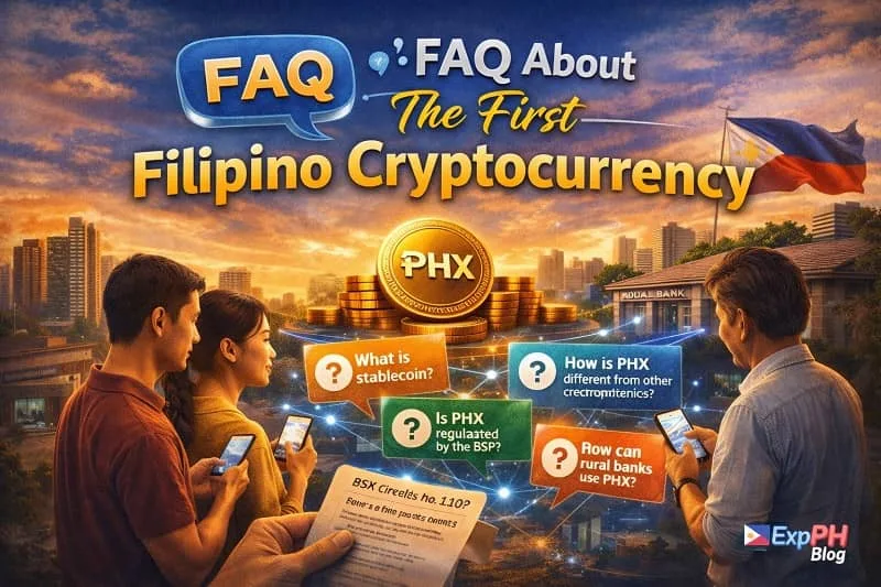 Realistic visual showing frequently asked questions about the first Filipino cryptocurrency, featuring PHX, digital finance icons, and Filipino users with symbols of trust, banking, and regulation.