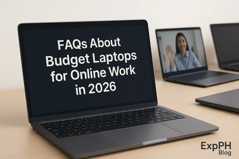 Realistic budget laptops on a wooden desk with FAQs text for online work in 2026 and ExpPH Blog logo.