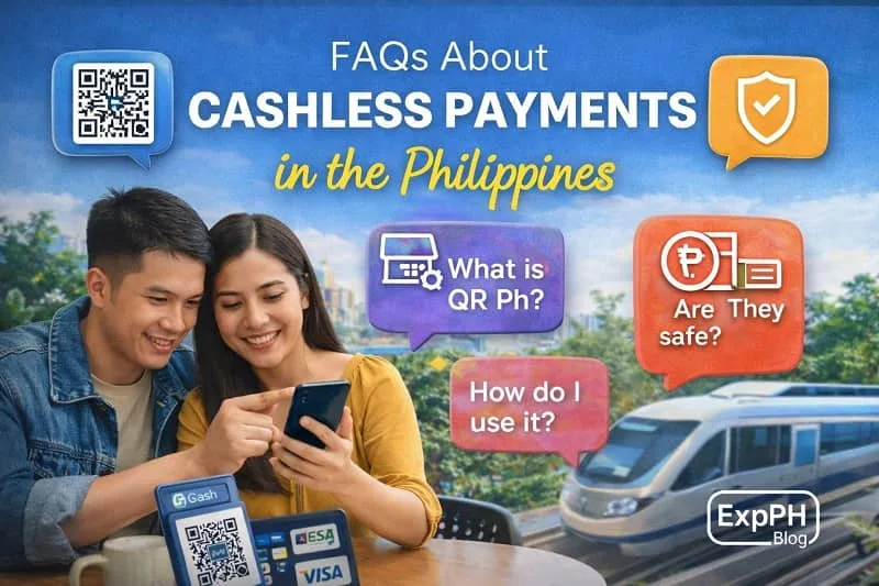 Frequently asked questions about cashless payments in the Philippines shown with smartphone QR payment icons and ExpPH Blog logo