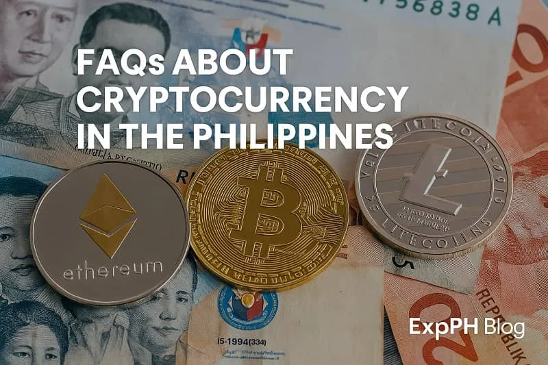 Realistic photo of Bitcoin, Ethereum, and Litecoin coins placed on Philippine peso banknotes, used for FAQs about cryptocurrency in the Philippines, with the ExpPH Blog logo in the corner.