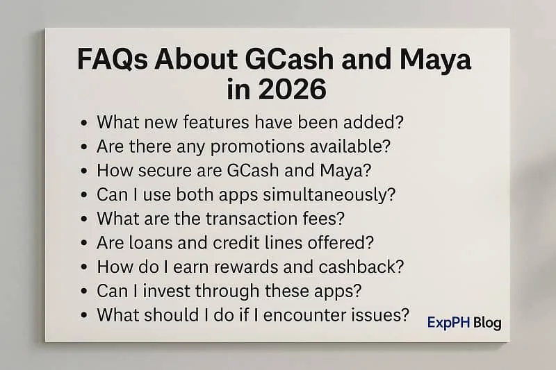 A realistic poster displaying frequently asked questions about GCash and Maya in 2026 with a clean layout and the ExpPH Blog logo.