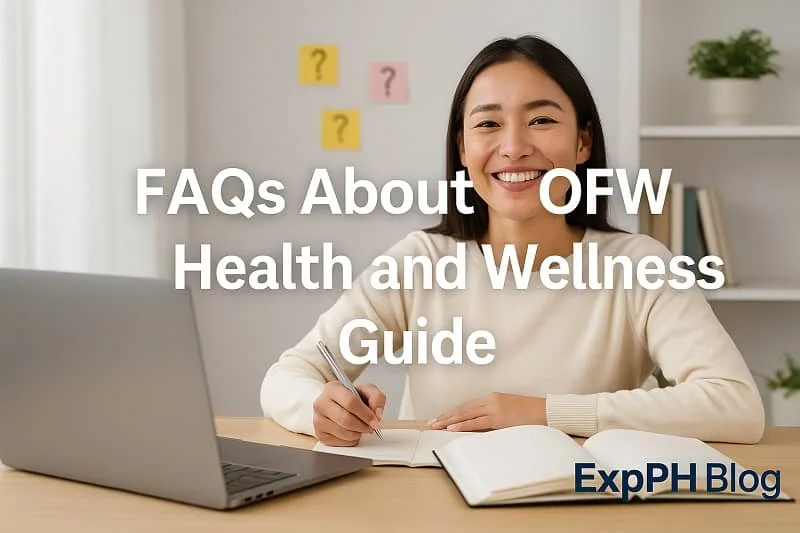 A smiling Filipino woman at a desk with a laptop and notebook, writing notes and representing the FAQs About OFW Health and Wellness Guide, with the small ExpPH Blog logo included in the image.