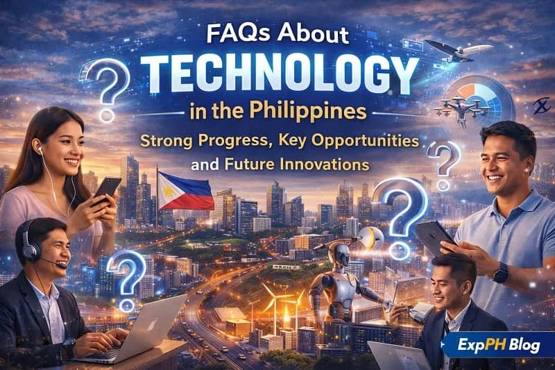 Filipinos using digital devices with technology icons and a modern city skyline, representing FAQs about technology in the Philippines and future innovations.