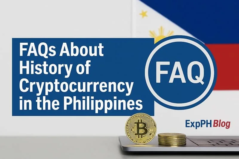 A realistic image of History of Cryptocurrency in the Philippines showing a Bitcoin coin on a laptop beside an FAQ icon and a Philippine flag, with the ExpPH Blog logo included.