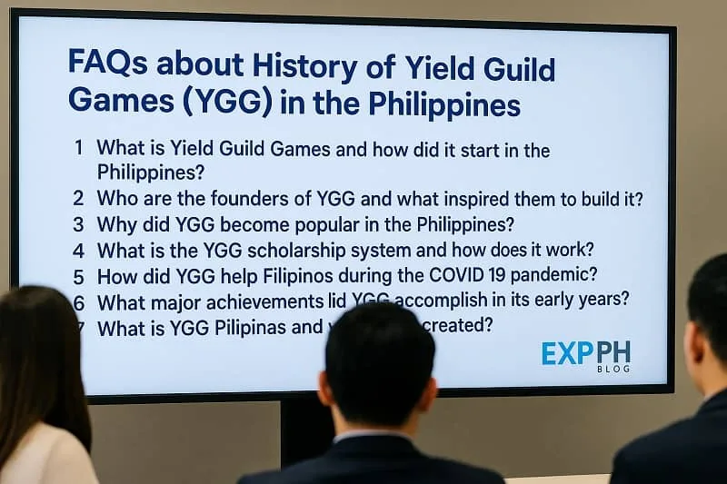 A presentation screen displaying FAQs about the history of Yield Guild Games in the Philippines with the ExpPH Blog logo, viewed by an audience.