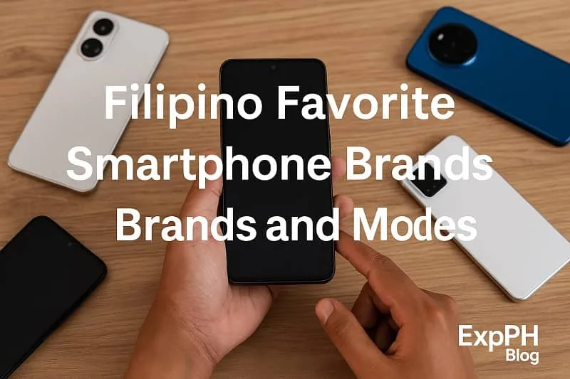 A realistic photo of several popular smartphones arranged on a wooden table with a person holding one device and the ExpPH Blog logo placed in the corner.