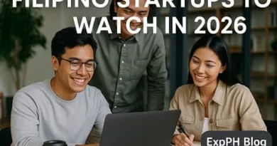 Young Filipino professionals collaborating in a modern office representing innovative Filipino startups to watch in 2026 with the ExpPH Blog logo.